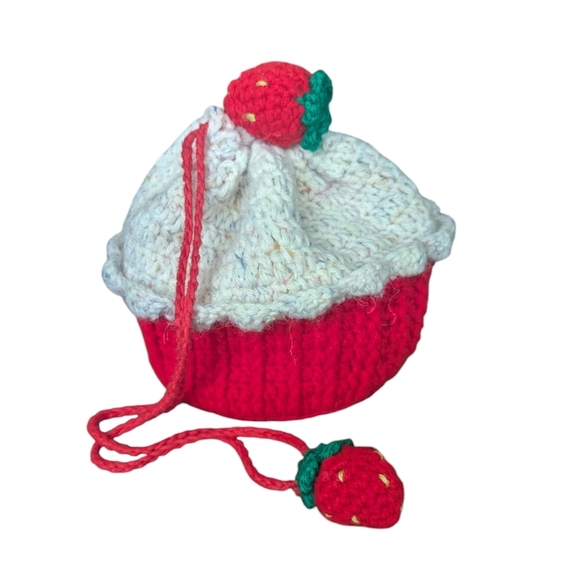 Handmade Crochet Knit Strawberry Bag Whimsy Core Cottagecore Purse Cosmetic Bag - Picture 1 of 7